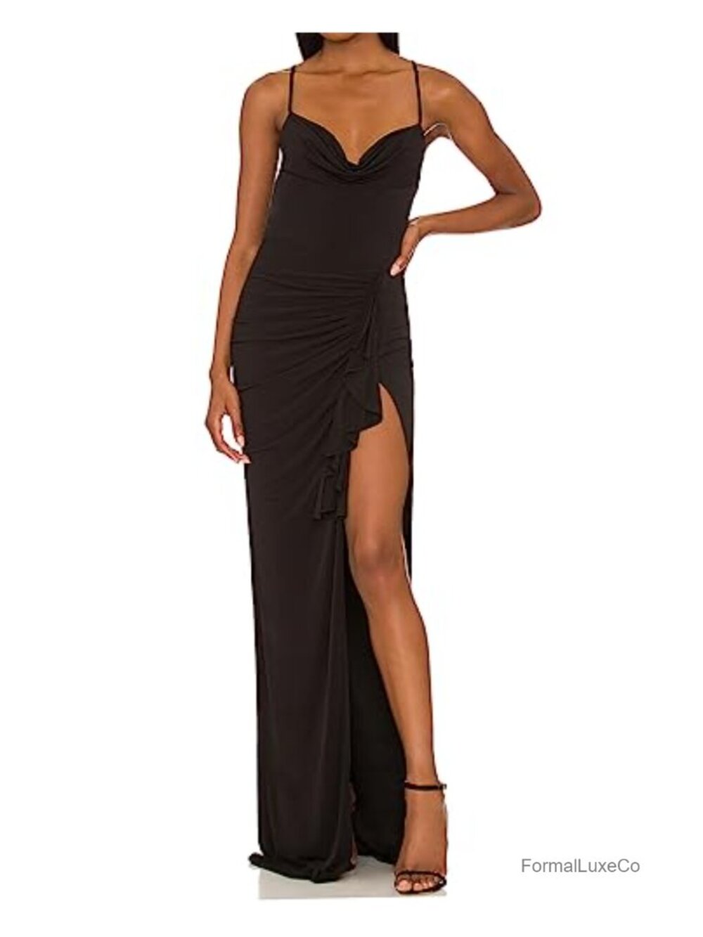Women's Sleeveless Bodycon Maxi Dress Cowl Neck Backless Split Ruffles Formal